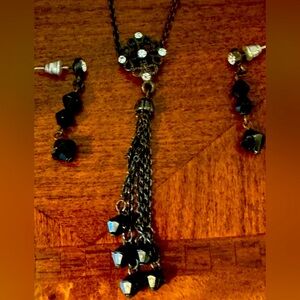 Victorian Crystal Black Chain & Beads Chain Tassel, Goth necklace & earrings set